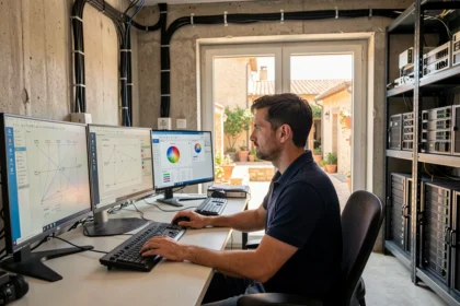Technicien informatique professionnel travaillant sur une station multi-écrans dans un bureau moderne du Gard, représentant les sociétés de maintenance informatique de la région