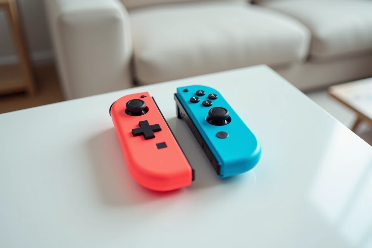 Gros plan sur deux manettes Joy-Con Nintendo Switch rouge et bleue posées sur une table avant une session multijoueur