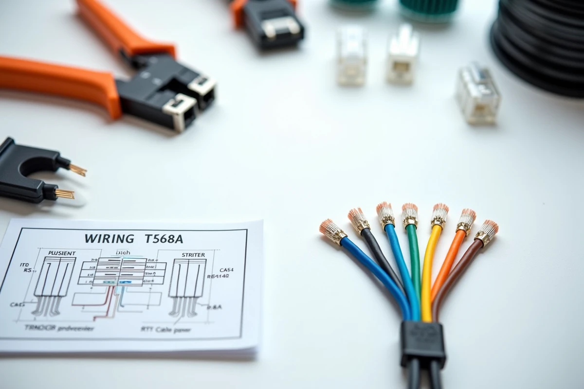 Vue de dessus du matériel de câblage RJ45 avec schéma T568A, outil à sertir et connecteurs sur plan de travail