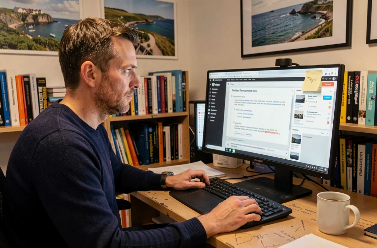Développeur web masculin dans la trentaine travaillant sur un projet WordPress dans le bureau de l'agence Mephivio dans le Trégor en Bretagne