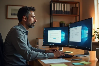 Homme consultant deux écrans d'ordinateur lors d'une migration de Windows 7 vers Windows 10 dans un bureau professionnel