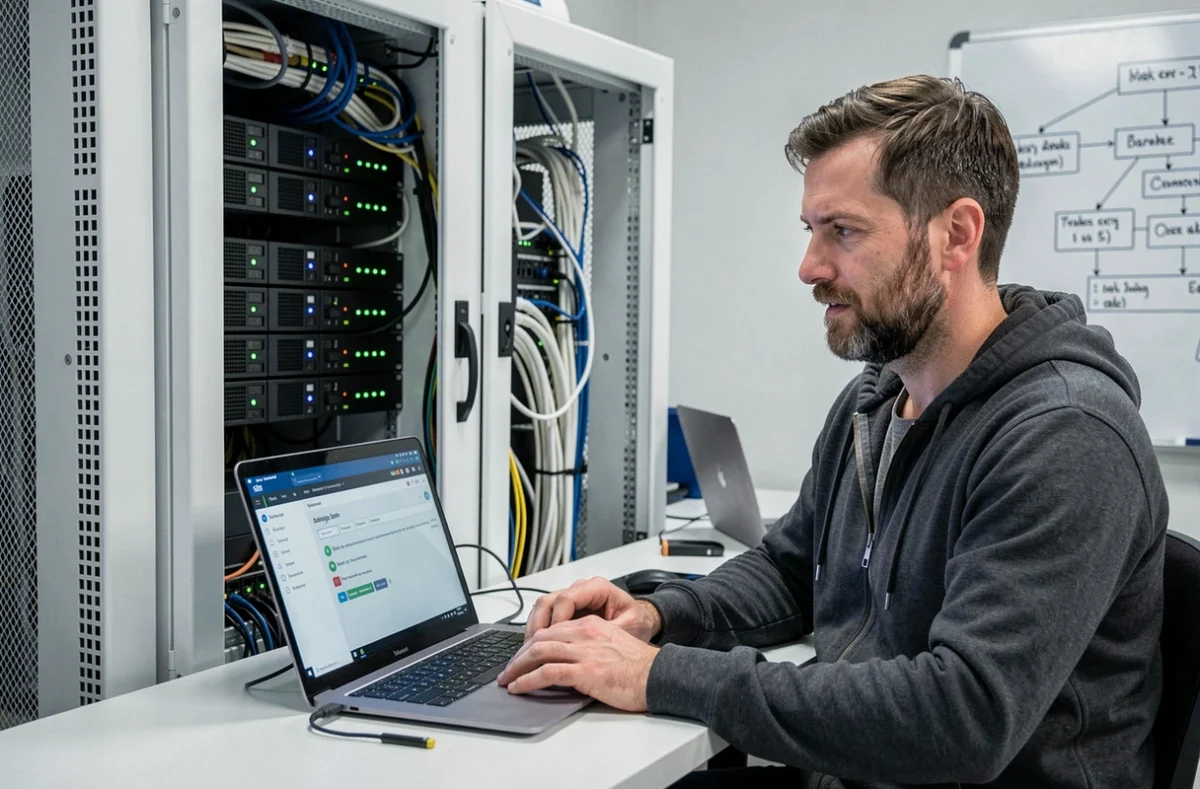 Technicien web masculin gérant une infrastructure d'hébergement et de réseau dans l'environnement serveur de l'agence NetBreizh en Bretagne