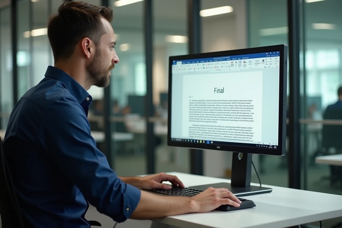 Homme en train de nettoyer un document Word lourd sur un grand écran dans un bureau moderne