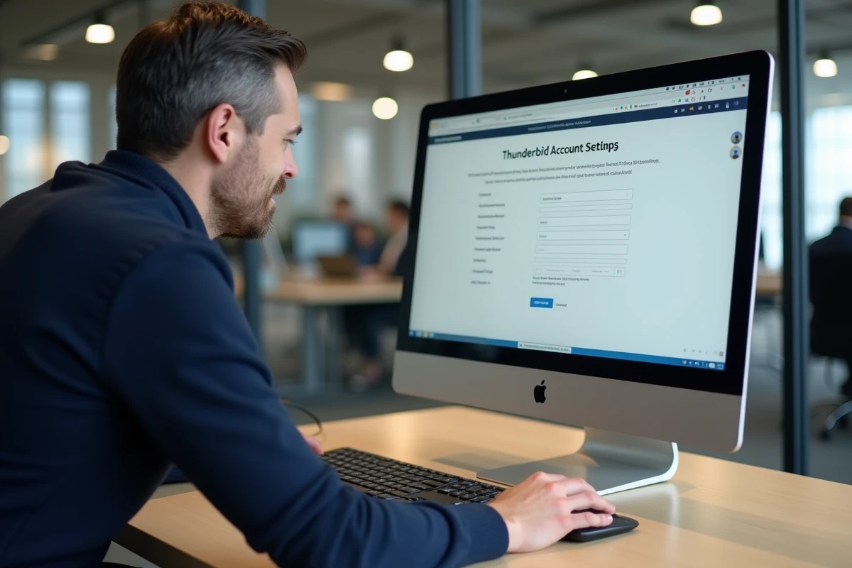 Homme paramétrant le logiciel Thunderbird avec les serveurs de messagerie académique sur un ordinateur de bureau