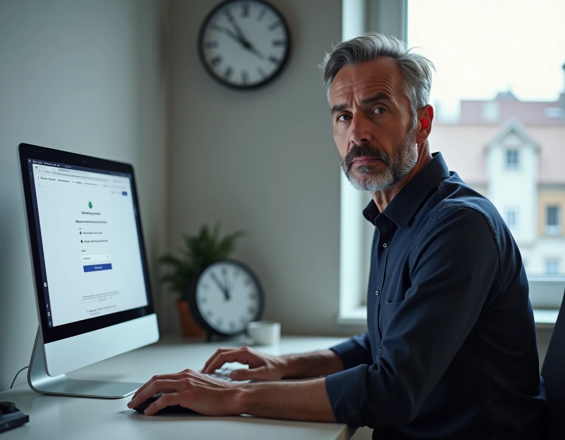 Homme consultant les paramètres de sécurité de son ancien compte mail Alice ADSL sur un ordinateur de bureau dans un bureau moderne
