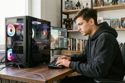 Jeune homme gamer concentré devant un PC fixe gaming avec tour RGB et double écran dans un bureau moderne