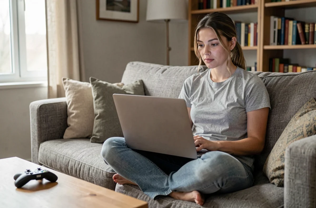 Jeune femme joueuse sur un PC portable gaming posé sur ses genoux dans un salon décoré et chaleureux