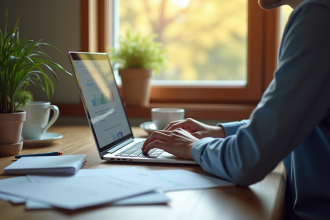Personne travaillant sur un ordinateur portable dans un bureau lumineux