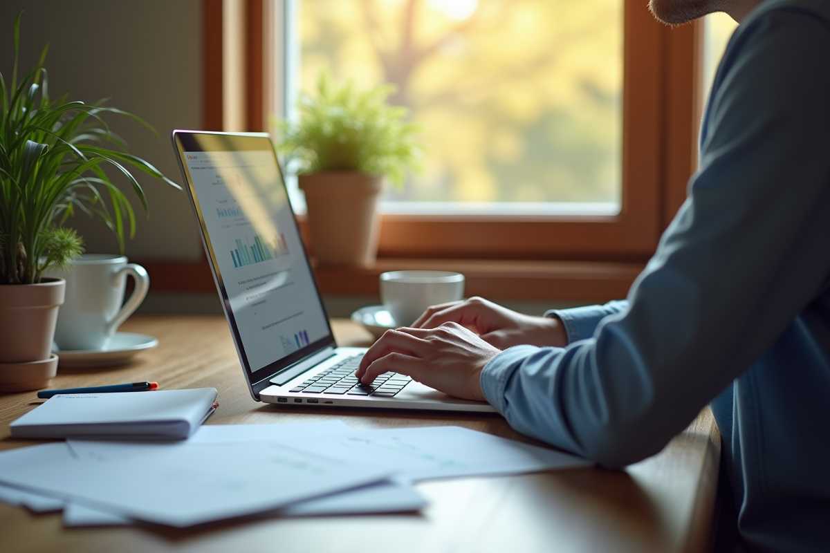 Personne travaillant sur un ordinateur portable dans un bureau lumineux
