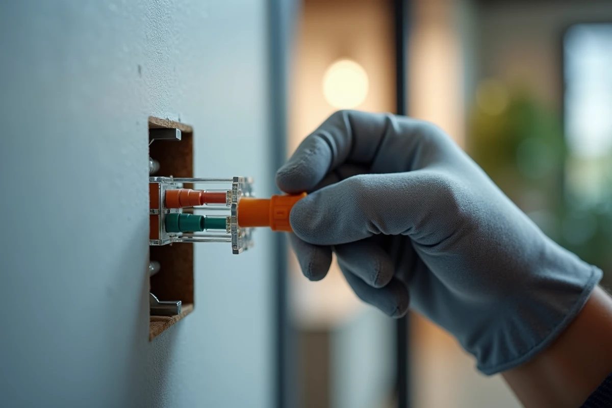 Femme électricienne effectuant le raccordement d'une prise RJ45 murale avec outil de dénudage selon schéma de câblage