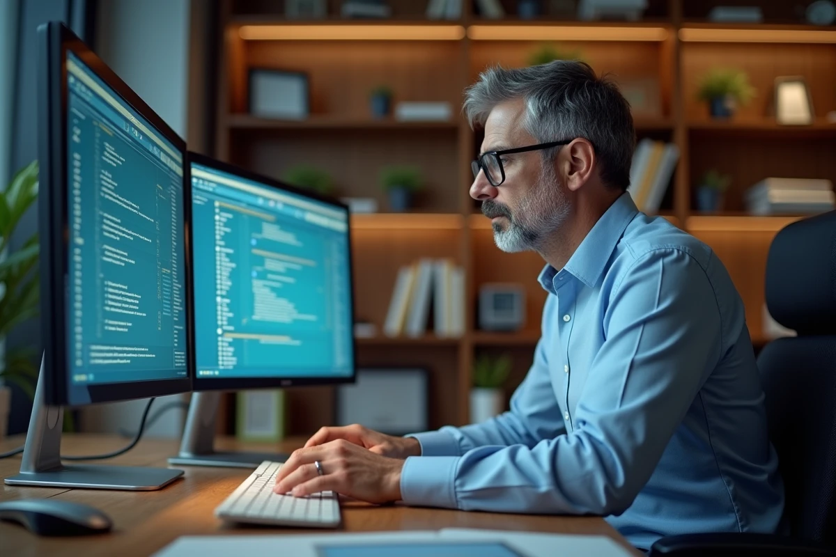 Homme IT en entreprise examine logiciel ancien sur écran