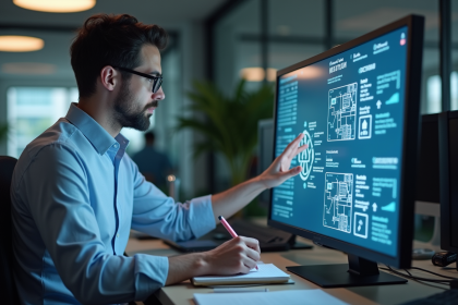 Homme IT comparant diagrammes de reseau securise