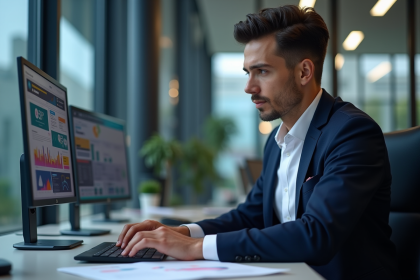 Professionnel SEO travaillant sur un ordinateur en bureau moderne