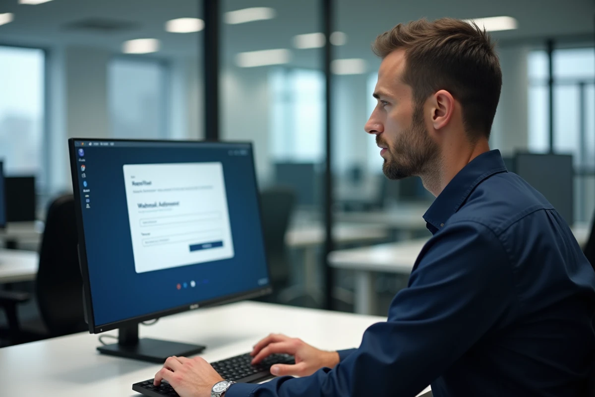 Homme en entreprise récupérant l'accès à son compte webmail Ozone sur un ordinateur de bureau au bureau