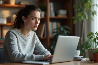 Femme frustrée tentant de réinitialiser son mot de passe sur un webmail depuis un bureau à domicile