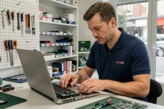 Technicien informatique réparant un ordinateur portable ouvert dans un atelier de réparation informatique dans les Hauts-de-Seine