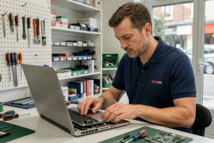 Technicien informatique réparant un ordinateur portable ouvert dans un atelier de réparation informatique dans les Hauts-de-Seine