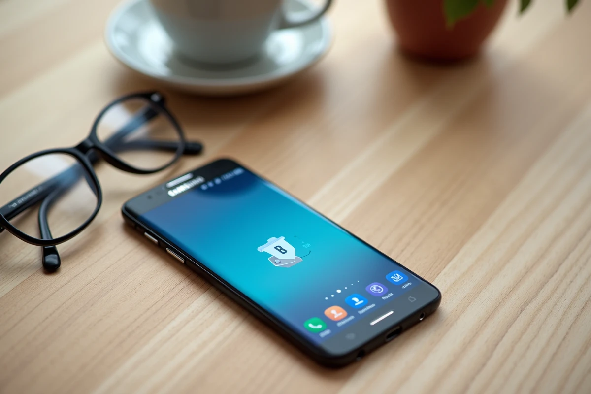 Smartphone Samsung posé sur une table avec l'application corbeille ouverte pour supprimer des fichiers