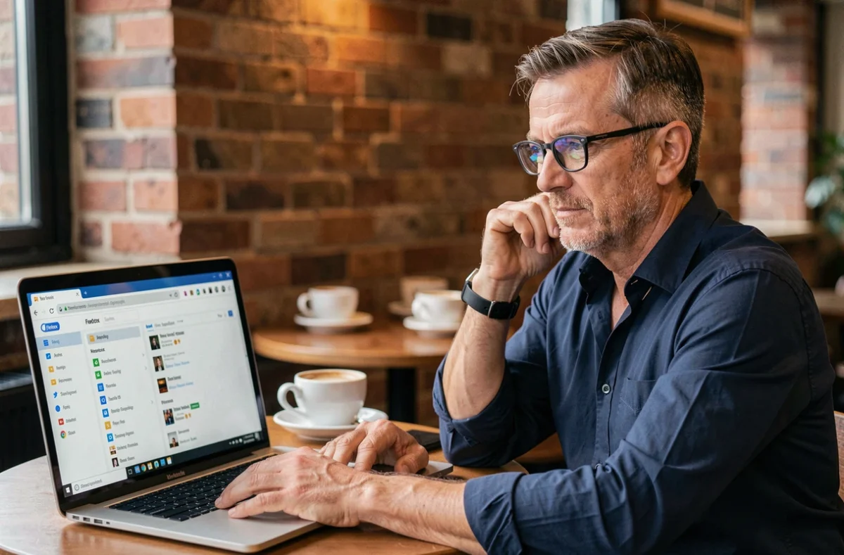 Homme sauvegardant ses marques-pages Firefox dans le cloud depuis un café avec son ordinateur portable
