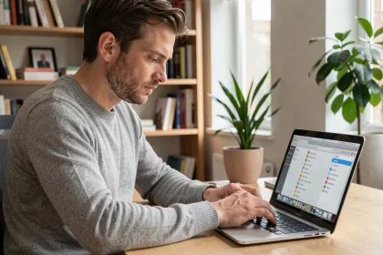 Homme consultant les marques-pages Firefox sur un ordinateur portable dans un bureau organisé