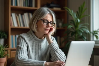 Femme utilisant un ordinateur portable pour gérer et sécuriser ses anciennes boîtes mail Alice ADSL et Free à son bureau à domicile