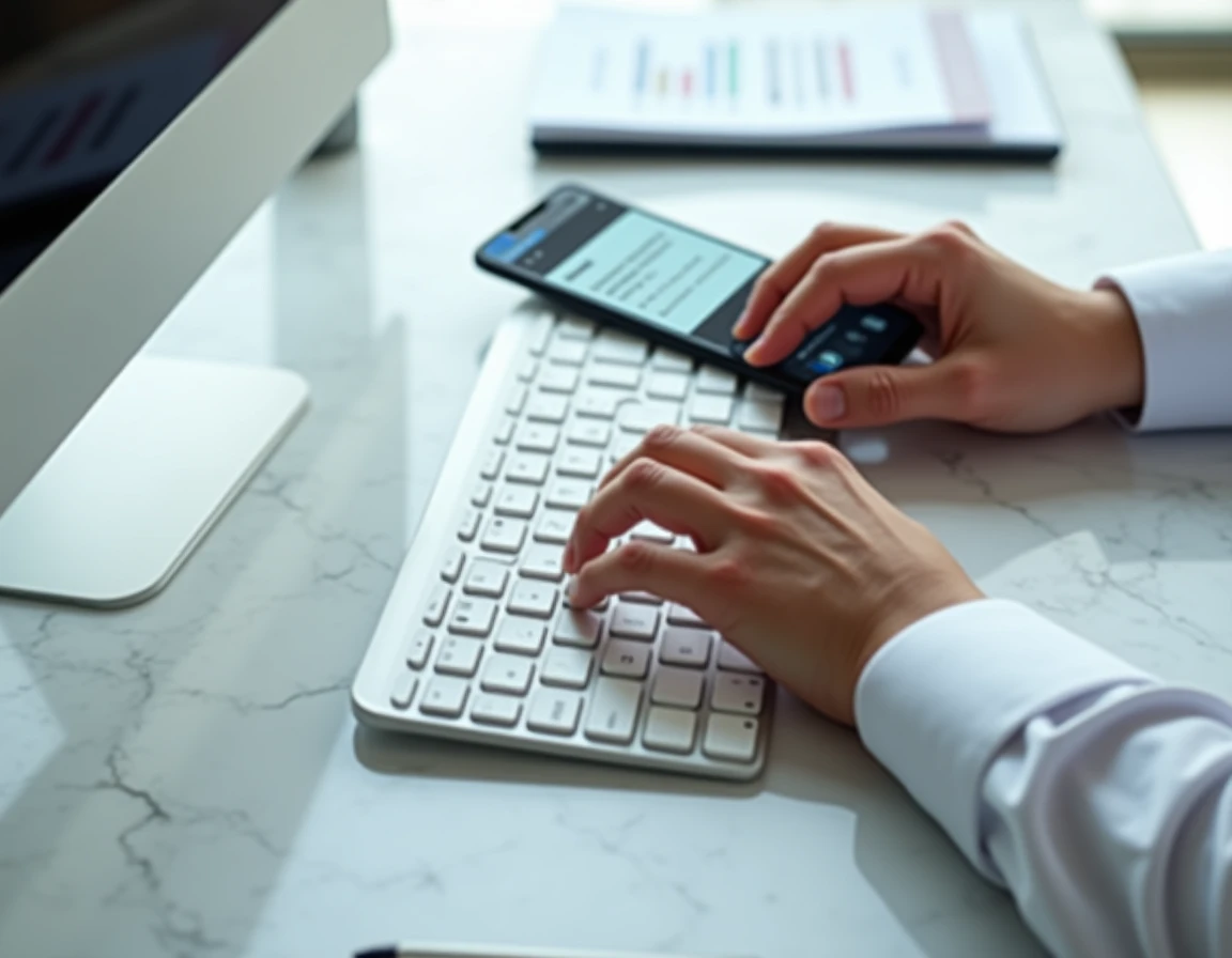 Gros plan sur des mains configurant une signature email professionnelle sur clavier et smartphone