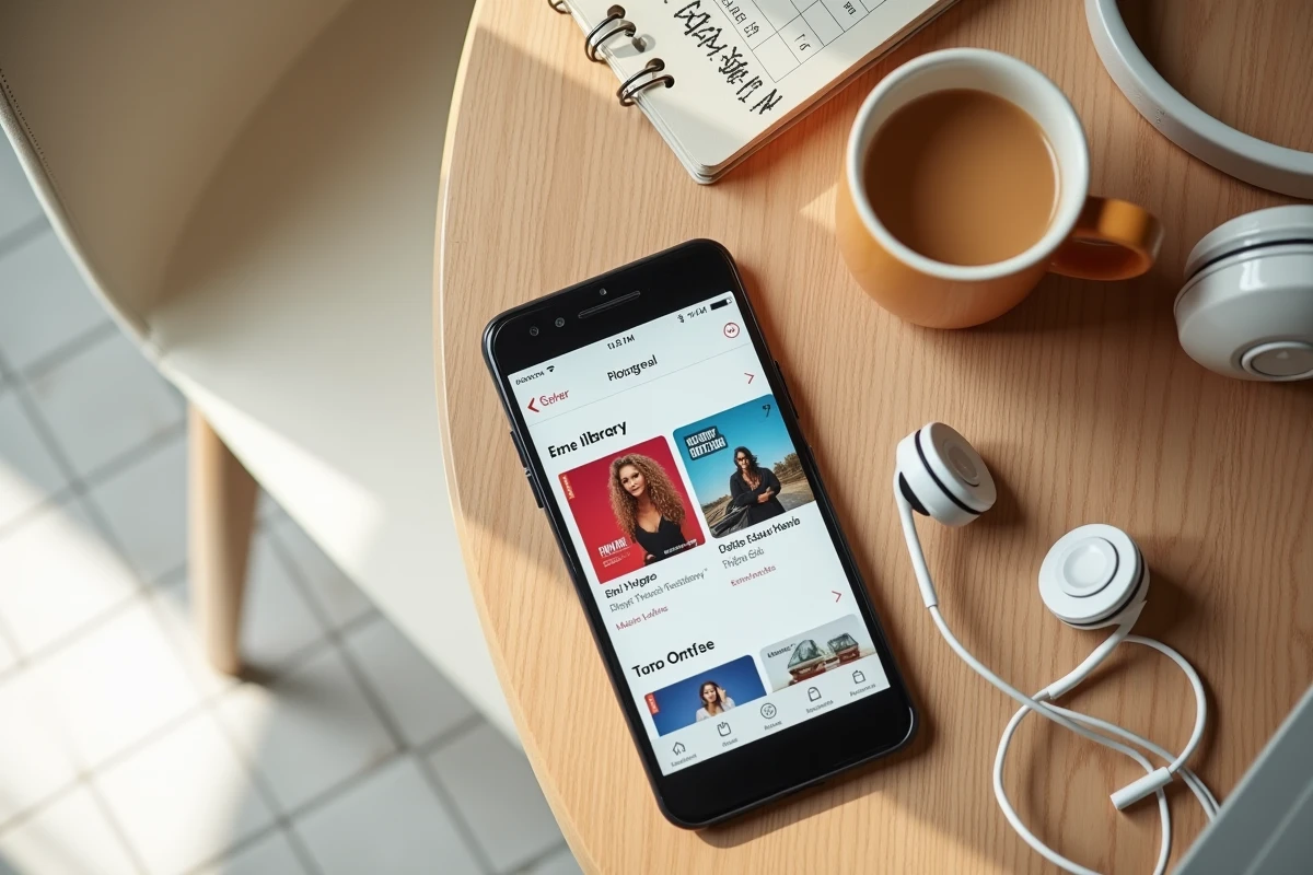 Vue de dessus d'un smartphone affichant une bibliothèque musicale MP3 avec pochettes d'albums et tags automatiques à côté d'un casque audio