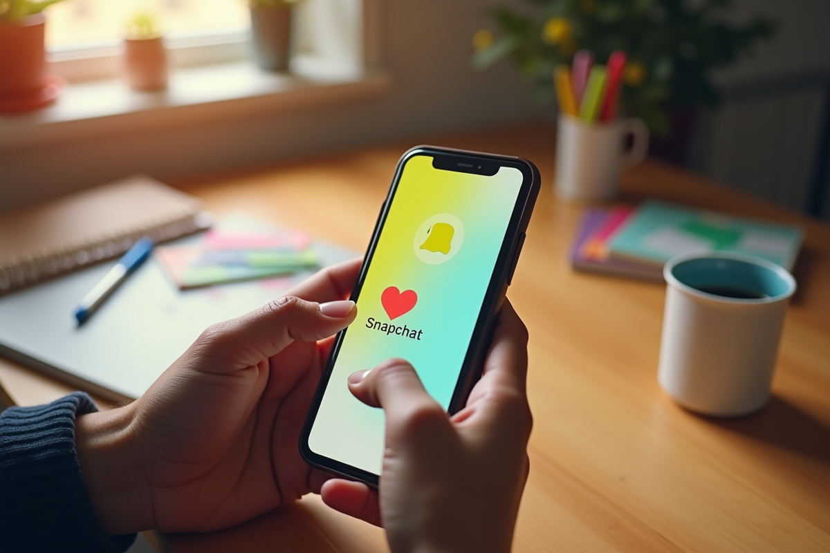 Smartphone affichant un chat Snapchat avec un emoji cœur rouge sur un bureau