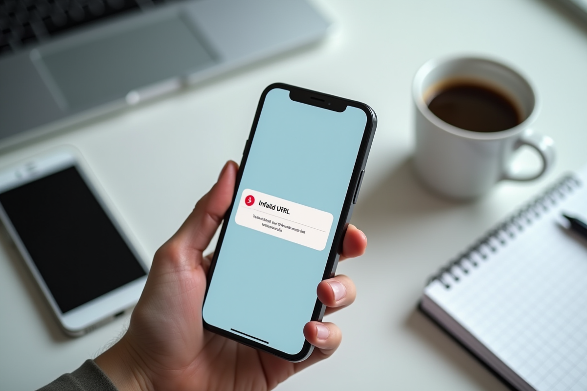 Smartphone montrant une erreur URL dans un espace de travail minimaliste
