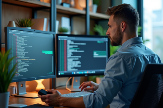 Homme IT spécialisé surveillant des sauvegardes sur deux écrans