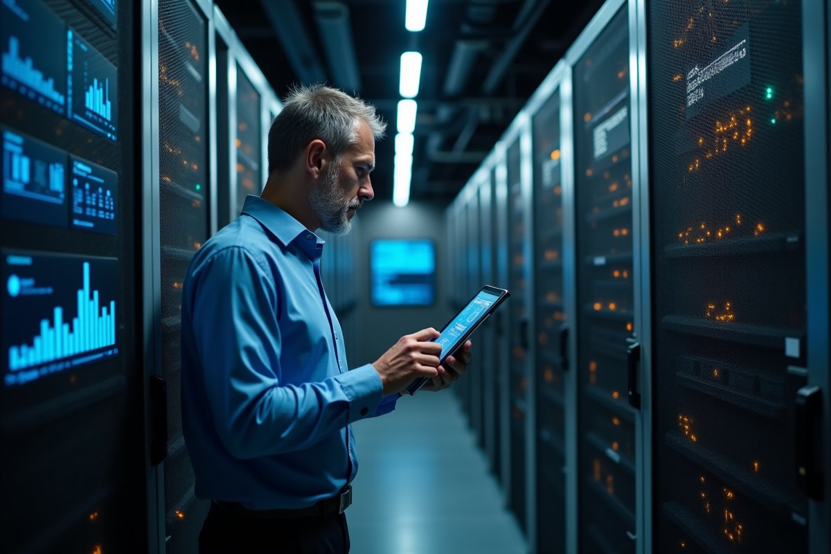 Homme en chemise bleue dans une salle serveurs avec tablette