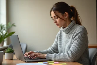 Femme supprimant une page blanche dans un document Word sur un ordinateur portable au bureau