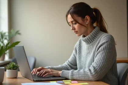 Femme supprimant une page blanche dans un document Word sur un ordinateur portable au bureau