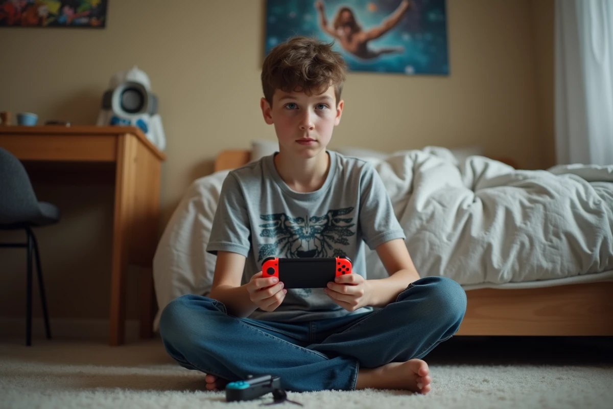 Adolescent synchronisant une manette Joy-Con sur la Nintendo Switch en mode portable dans sa chambre de gamer