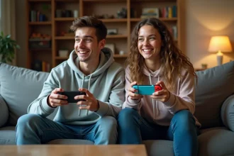 Deux jeunes adultes synchronisent leurs manettes Joy-Con Nintendo Switch pour jouer ensemble sur la télévision dans un salon moderne
