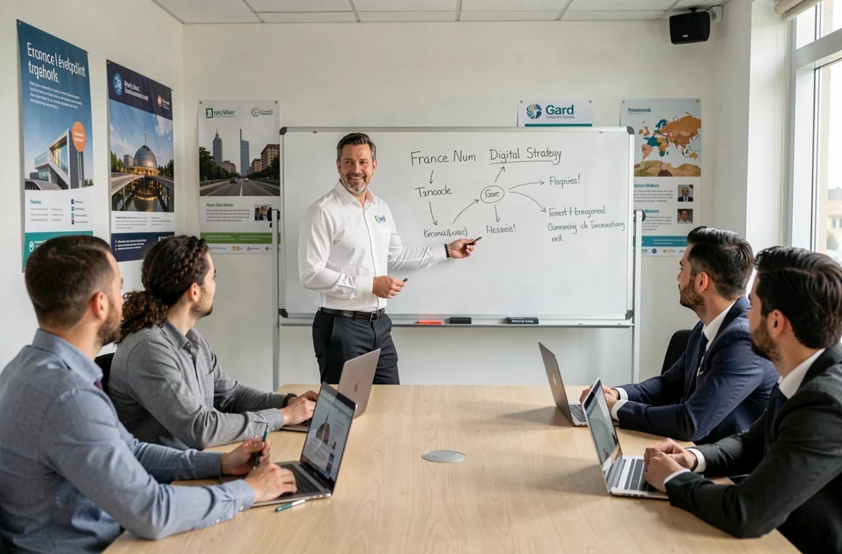 Consultant numérique présentant une stratégie France Num à des entrepreneurs du Gard pour SYS-Project