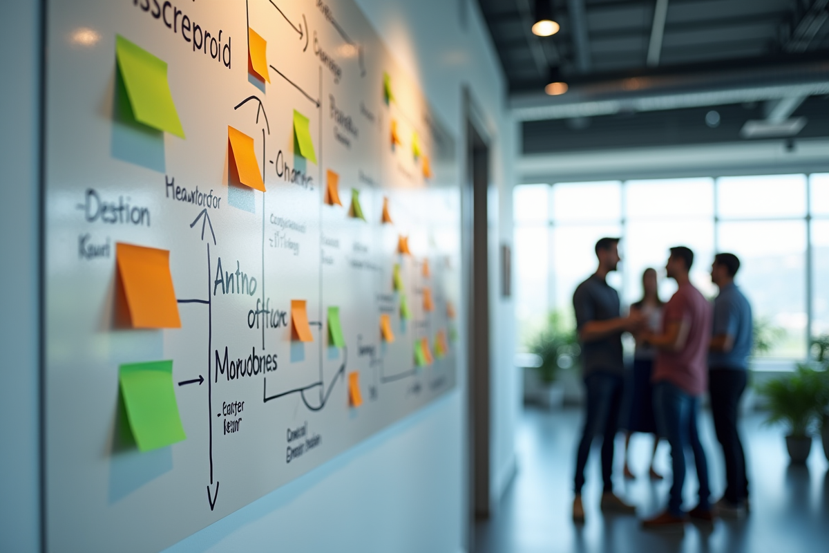 Équipe collaborant devant un tableau blanc coloré