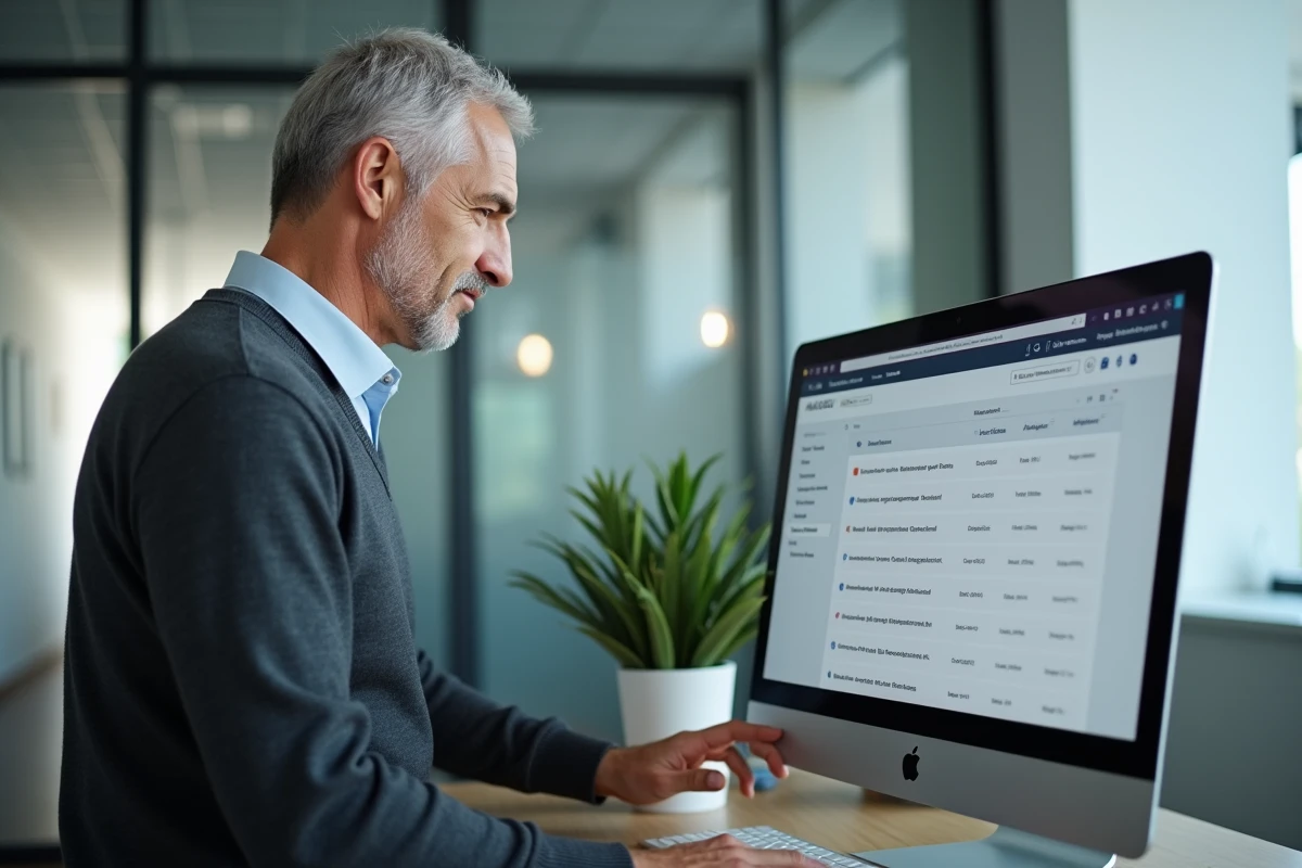 Administrateur scolaire accédant à ses applications professionnelles via un tableau de bord numérique sur ordinateur de bureau