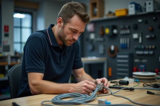 Technicien réseau réalisant un câblage RJ45 selon le schéma T568B sur un établi professionnel