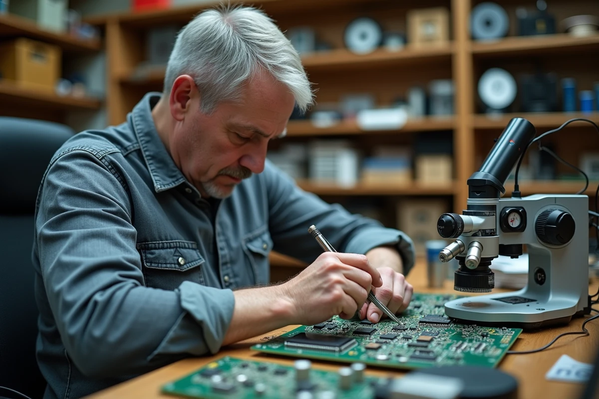 Technicien électronique inspectant un circuit imprimé miniaturisé sous microscope numérique dans un atelier professionnel