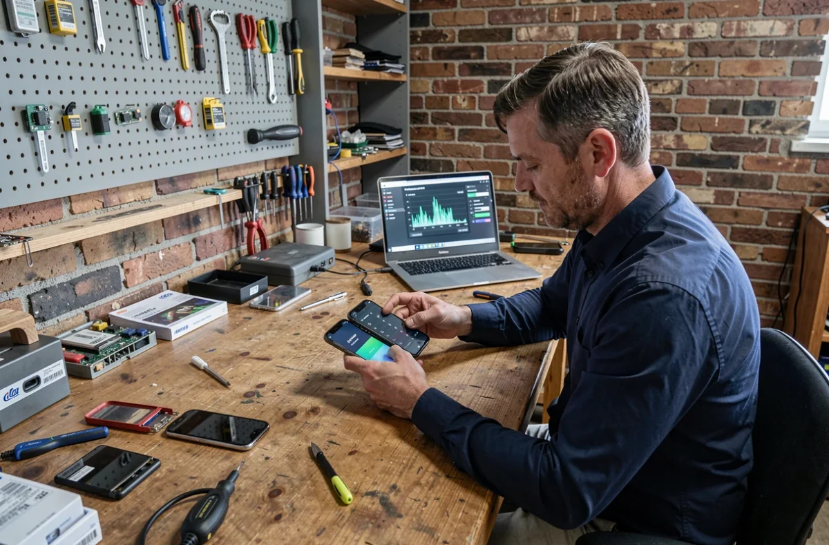 Technicien comparant deux smartphones reconditionnés avec diagnostic de batterie sur ordinateur portable en atelier de réparation