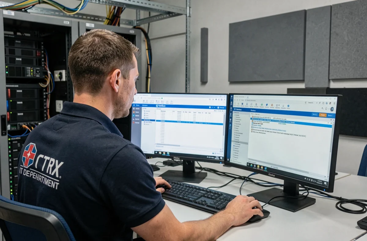 Technicien informatique configurant l'accès Citrix à la messagerie APHP sur un poste multi-écrans