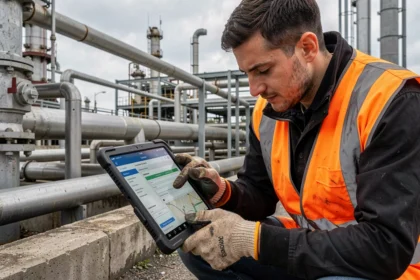 Technicien de terrain en gilet orange utilisant une application mobile hors ligne sur tablette durcie dans une zone industrielle roumaine