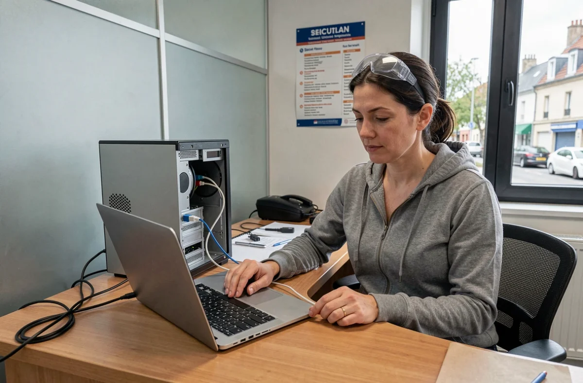Technicienne en informatique diagnostiquant un ordinateur de bureau dans un bureau de réparation professionnel en banlieue parisienne