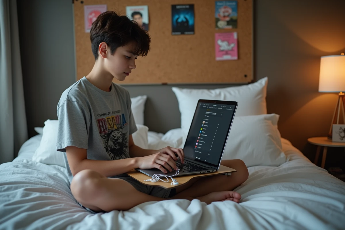 Jeune adulte téléchargeant des fichiers MP3 depuis YouTube sur un ordinateur portable dans une chambre