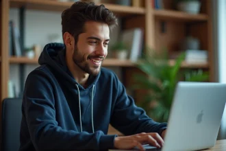 Jeune homme téléchargeant une vidéo YouTube sur son ordinateur portable dans un bureau à domicile moderne
