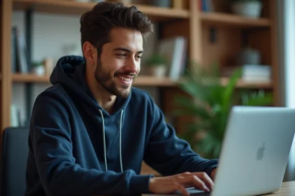 Jeune homme téléchargeant une vidéo YouTube sur son ordinateur portable dans un bureau à domicile moderne
