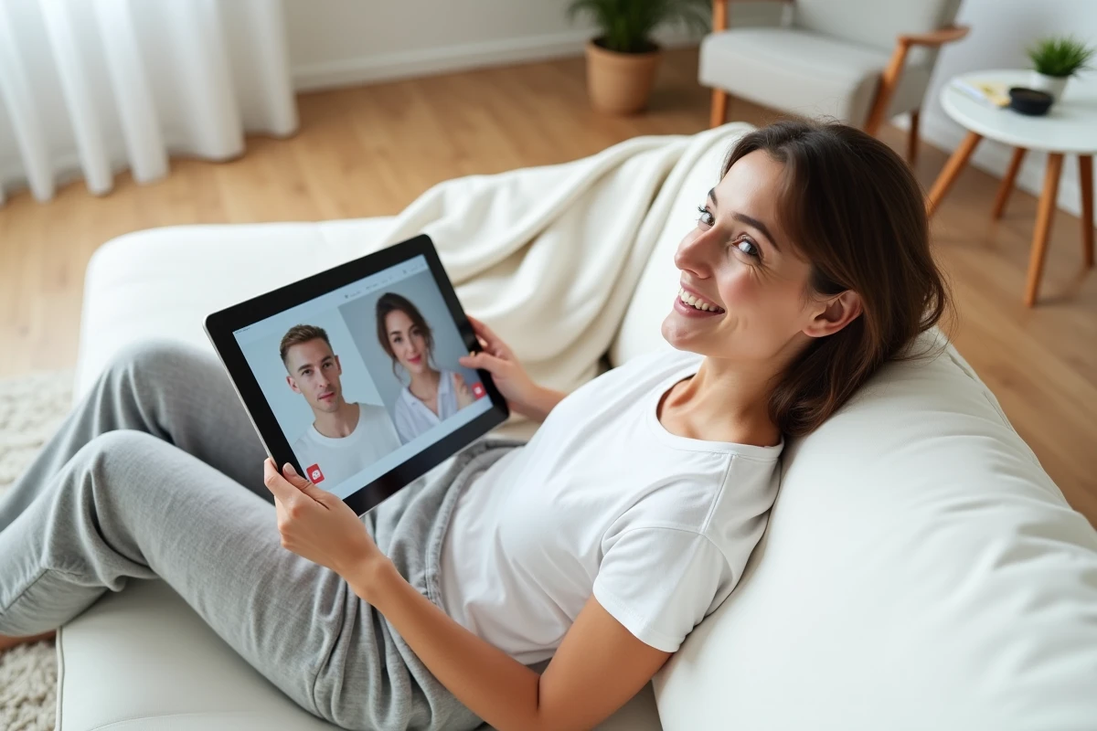 Femme testant un projet entrepreneurial via un deuxième compte Instagram sur tablette depuis son salon