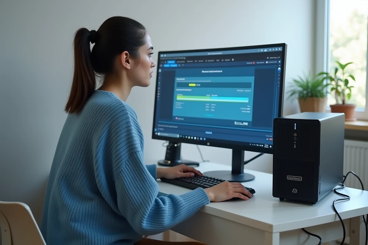 Femme gérant le transfert de logiciels et paramètres depuis un PC de bureau lors d'une mise à niveau vers Windows 10