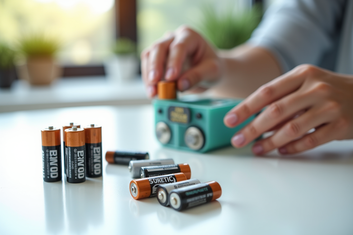 Personne triant des batteries dans des contenants lumineux